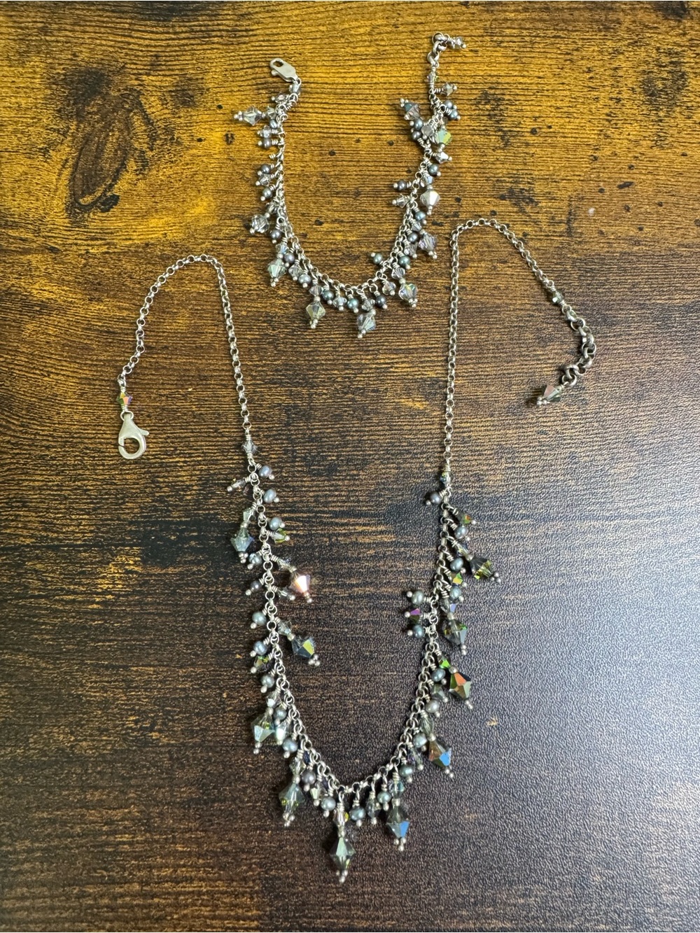 Sterling Silver Beaded Fringe Necklace & Bracelet Set Crystal Genuine Pearl 925